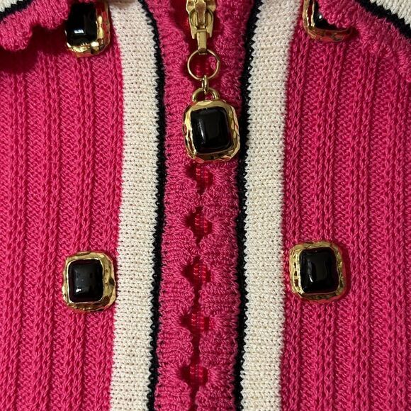 St. John Collection Pink Zip Front Sweater Knit Cardigan with Black Trim Sz 4 - Picture 5 of 16